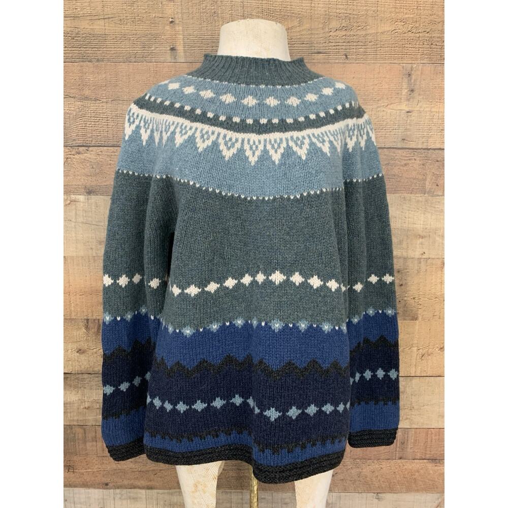 Vintage 1990s Lands’ End Fair Isle Blue Sweater 100% Wool Sz L Heritage